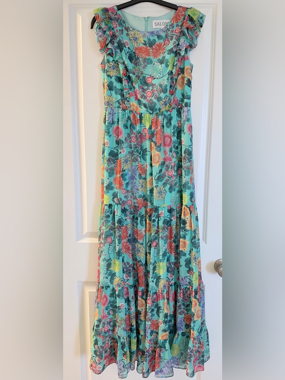 Saloni Floral Tiered Maxi Dress Aqua Multicolor US 4